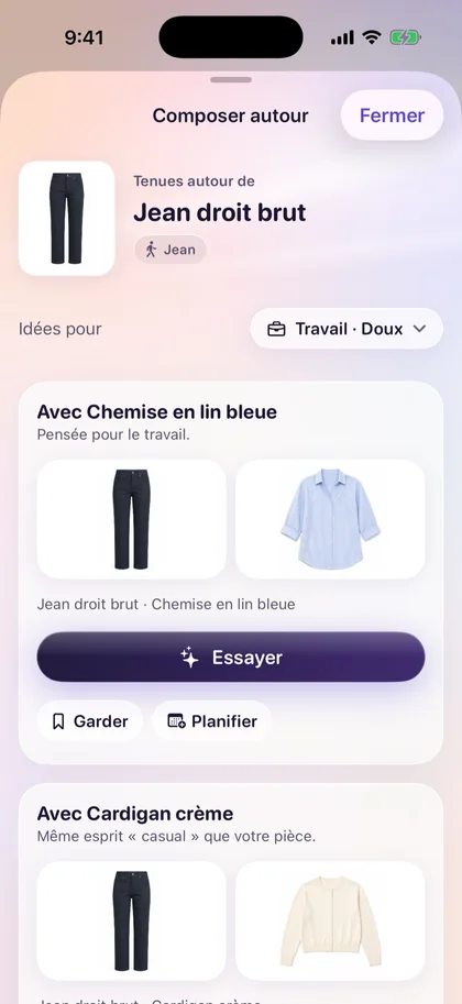 Écran « Composer autour » de Vestly : plusieurs tenues proposées autour d’un jean droit brut, avec les boutons Essayer, Garder et Planifier