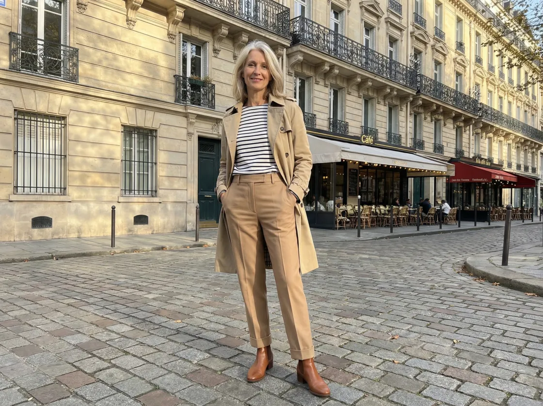 Rendu porté de la même tenue par Vestly : marinière, pantalon beige, bottines et trench dans une rue de Paris