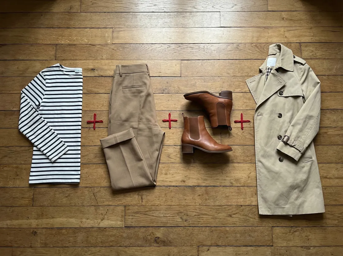 Vêtements posés à plat sur un parquet : marinière, pantalon beige, bottines camel et trench beige