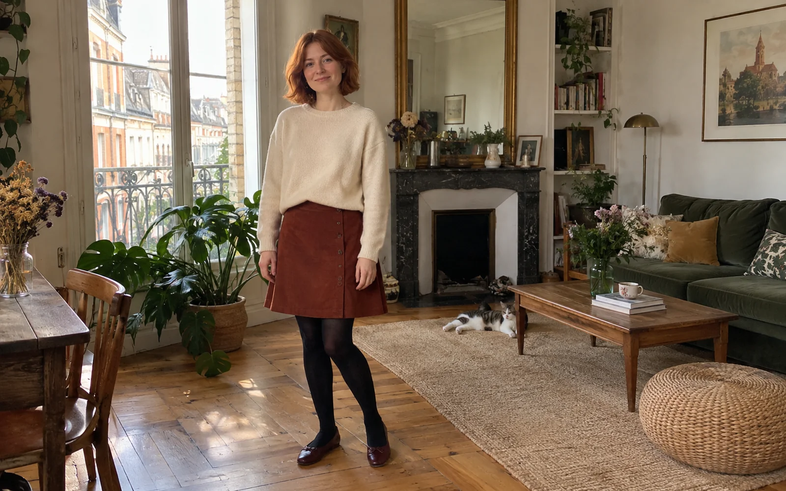 Femme en pull écru, jupe rouille, collants noirs et ballerines bordeaux dans un salon