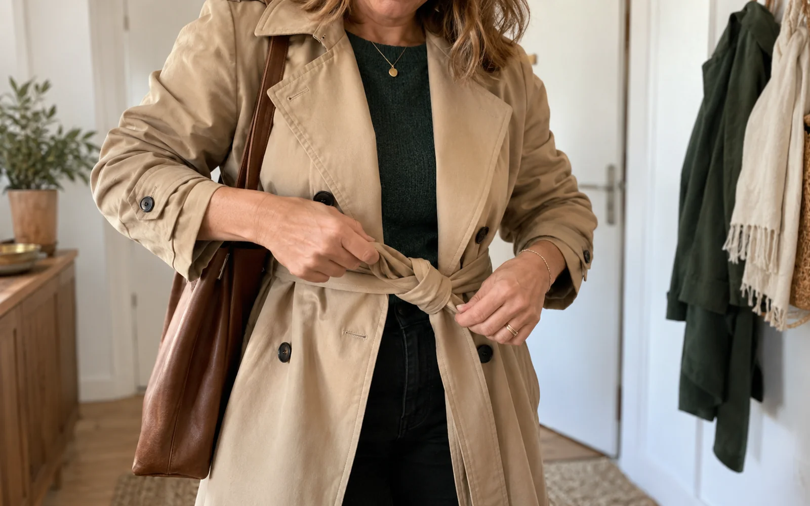 Femme nouant la ceinture de son trench beige en nœud simple devant, au-dessus d’un pantalon noir