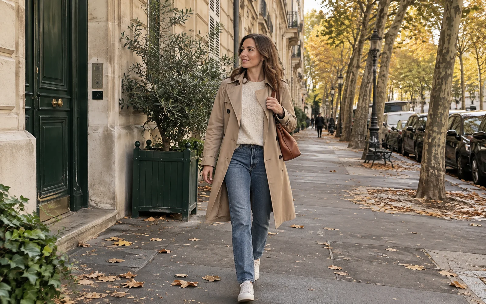 Femme marchant sur un trottoir d’automne en trench beige ouvert, pull crème, jean droit et baskets blanches