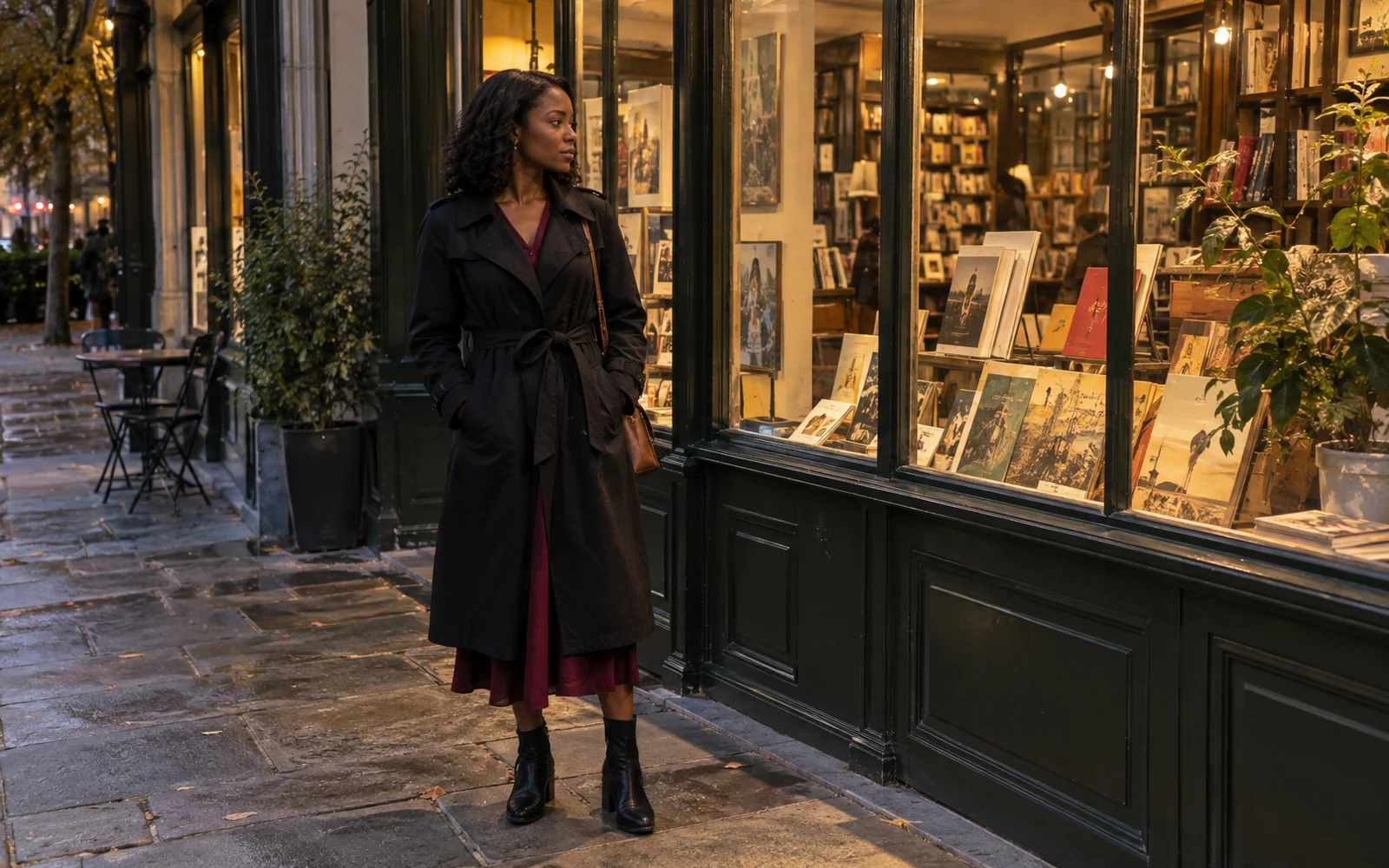 Femme en trench noir ceinturé sur une robe midi bordeaux et des bottes noires, en début de soirée