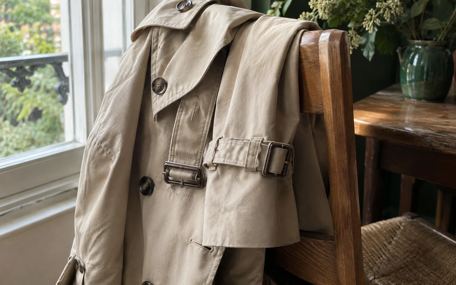 Détails d’un trench beige sur une chaise : boucle de ceinture, épaulettes, pattes de poignet et gabardine de coton