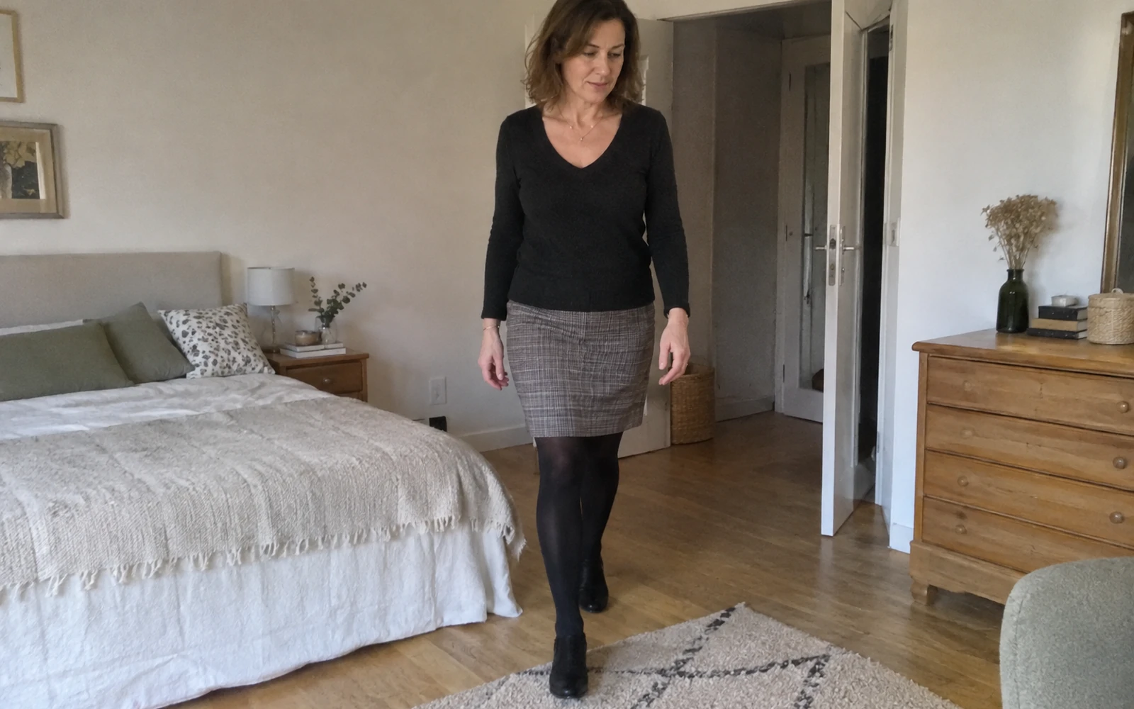 Femme faisant un pas dans une chambre avec une jupe doublée et des collants.