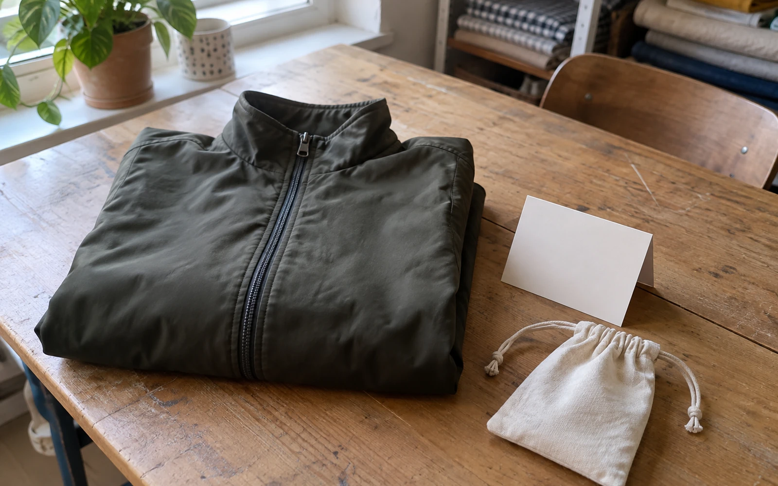 Veste pliée sur une table, près d’un sachet et d’une carte vierge.