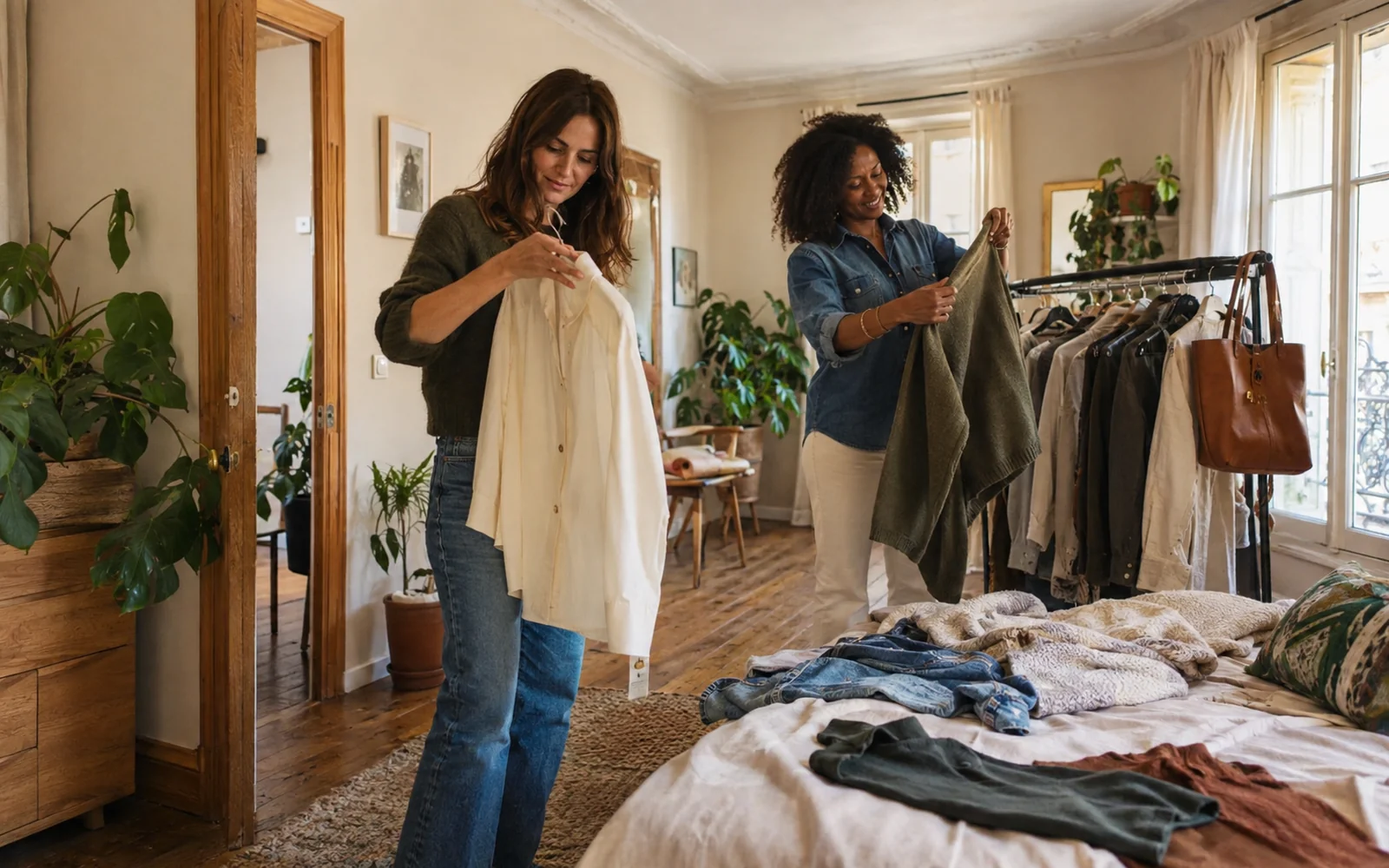 Deux femmes choisissent des vêtements dans un appartement lumineux