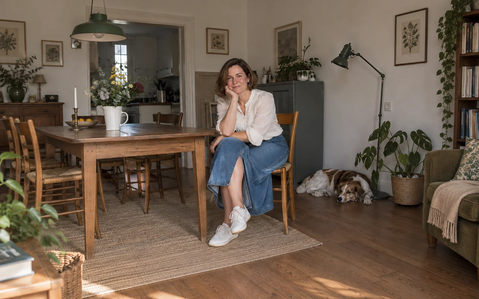 Femme assise sur une chaise, en blouse blanche, jupe en jean midi bleue et baskets blanches