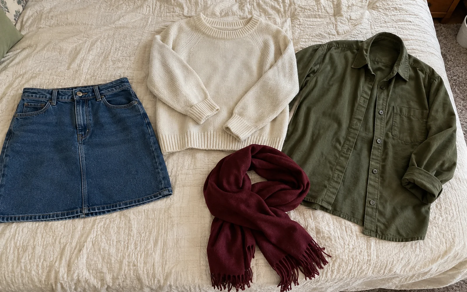 Jupe en jean bleue, maille écrue, veste kaki et écharpe bordeaux posées sur un lit