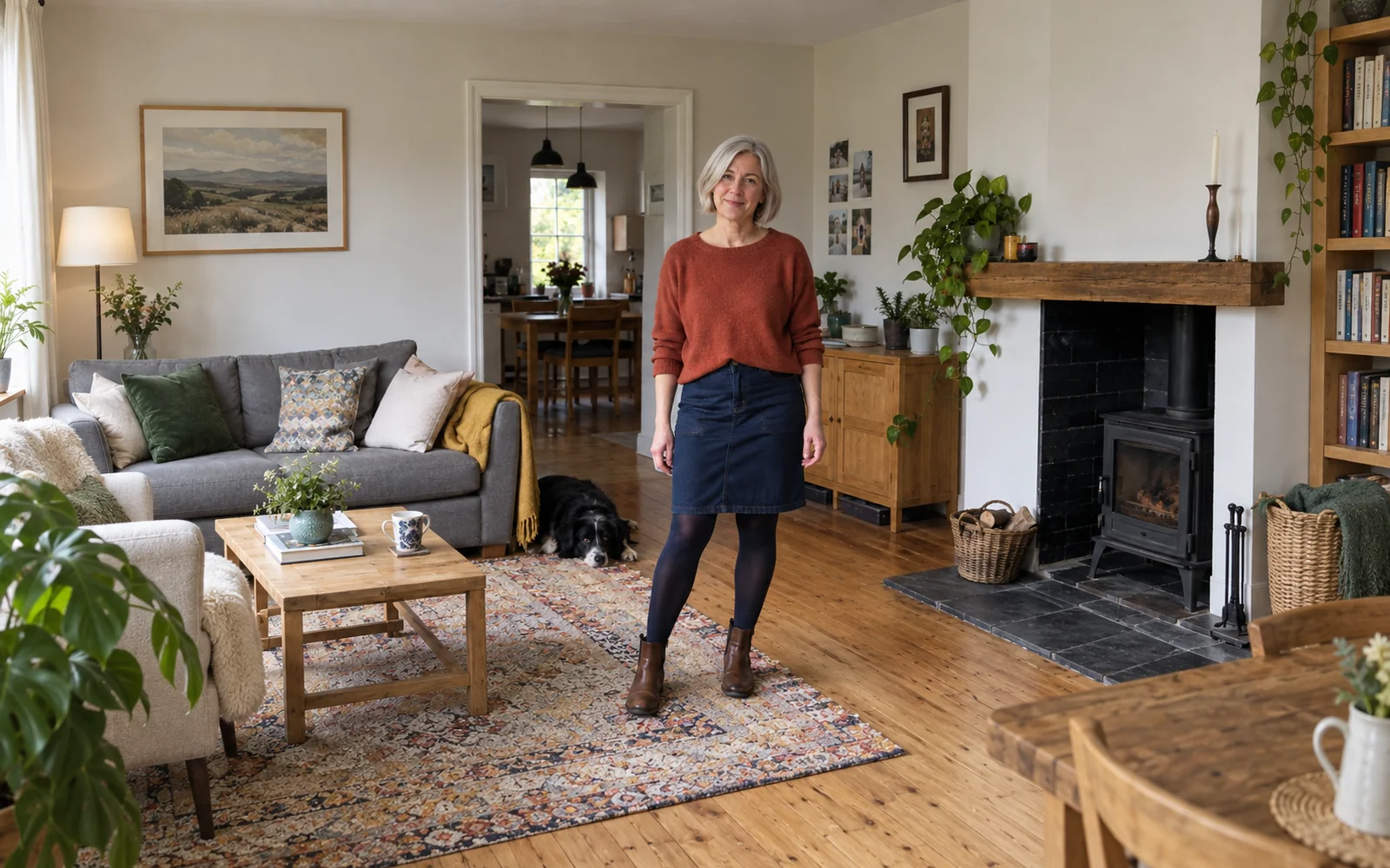 Femme aux cheveux gris en pull rouille, jupe en jean courte bleue, collants sombres et bottines marron dans un salon
