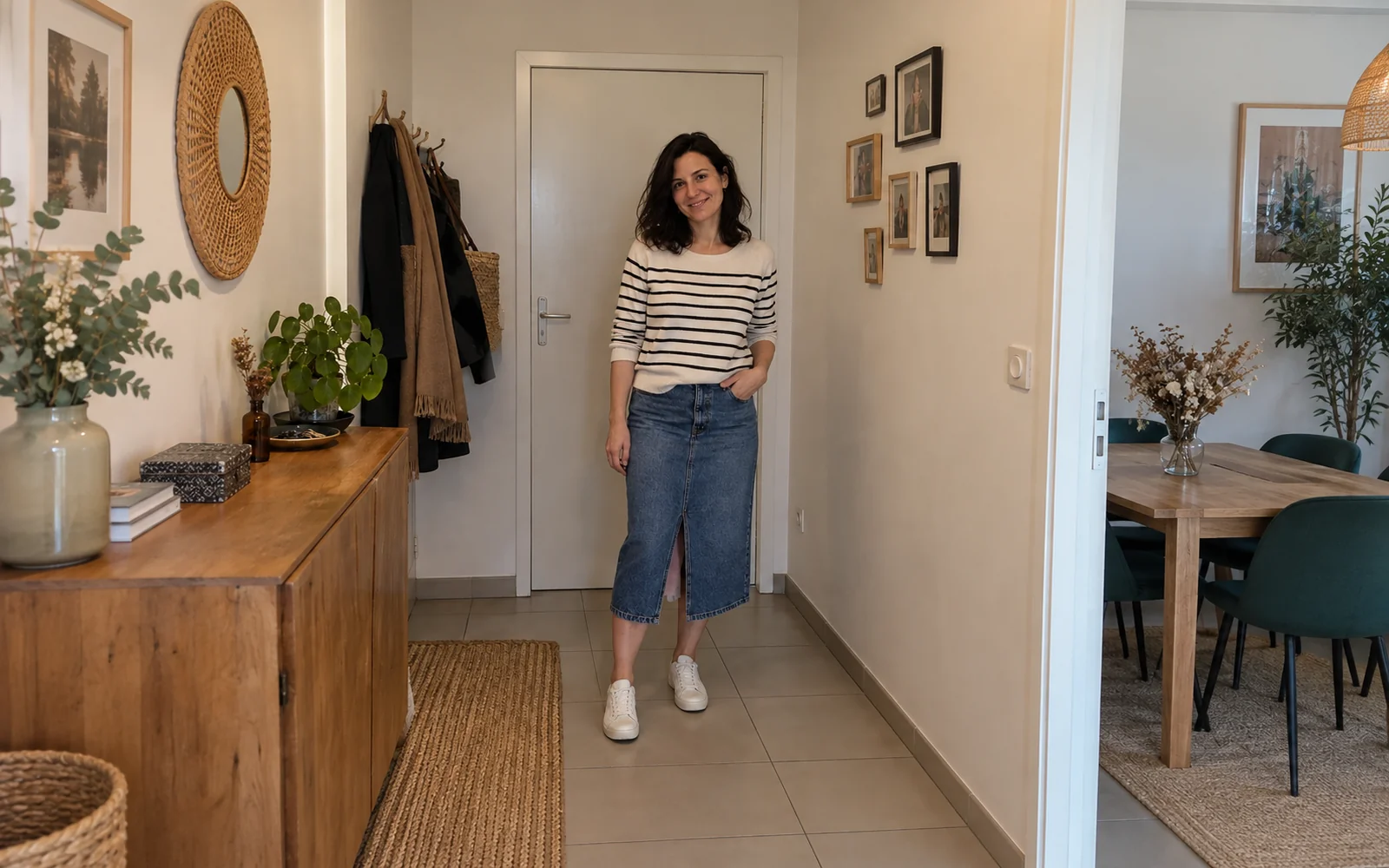 Femme brune en marinière crème et marine, jupe en jean midi bleue et baskets blanches dans une entrée