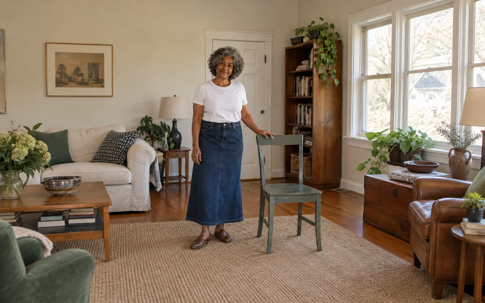 Femme aux cheveux gris bouclés en t-shirt blanc, jupe en jean longue bleue et mocassins marron dans un salon