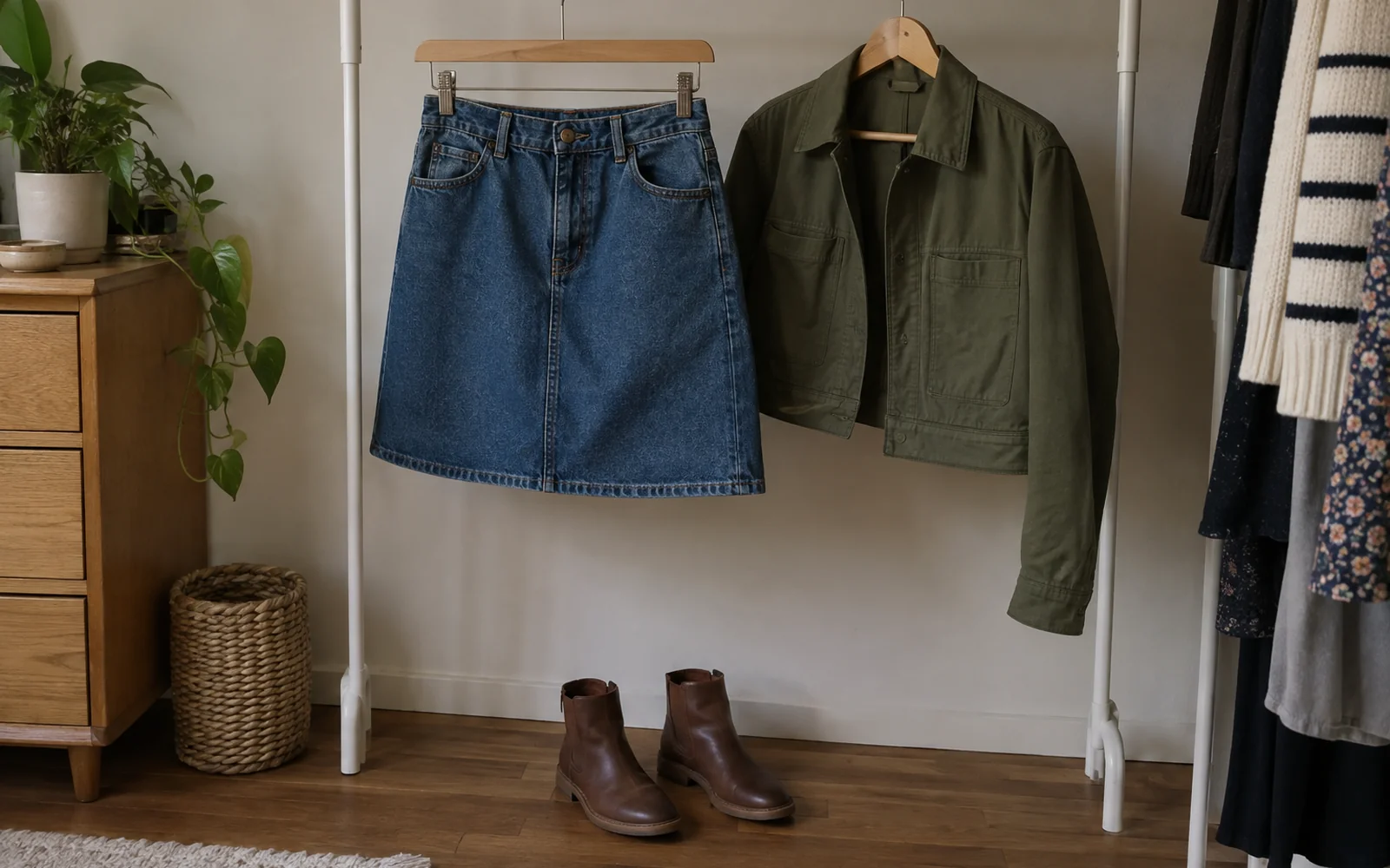 Jupe en jean bleue et veste kaki sur des cintres, avec deux bottines marron sur le sol
