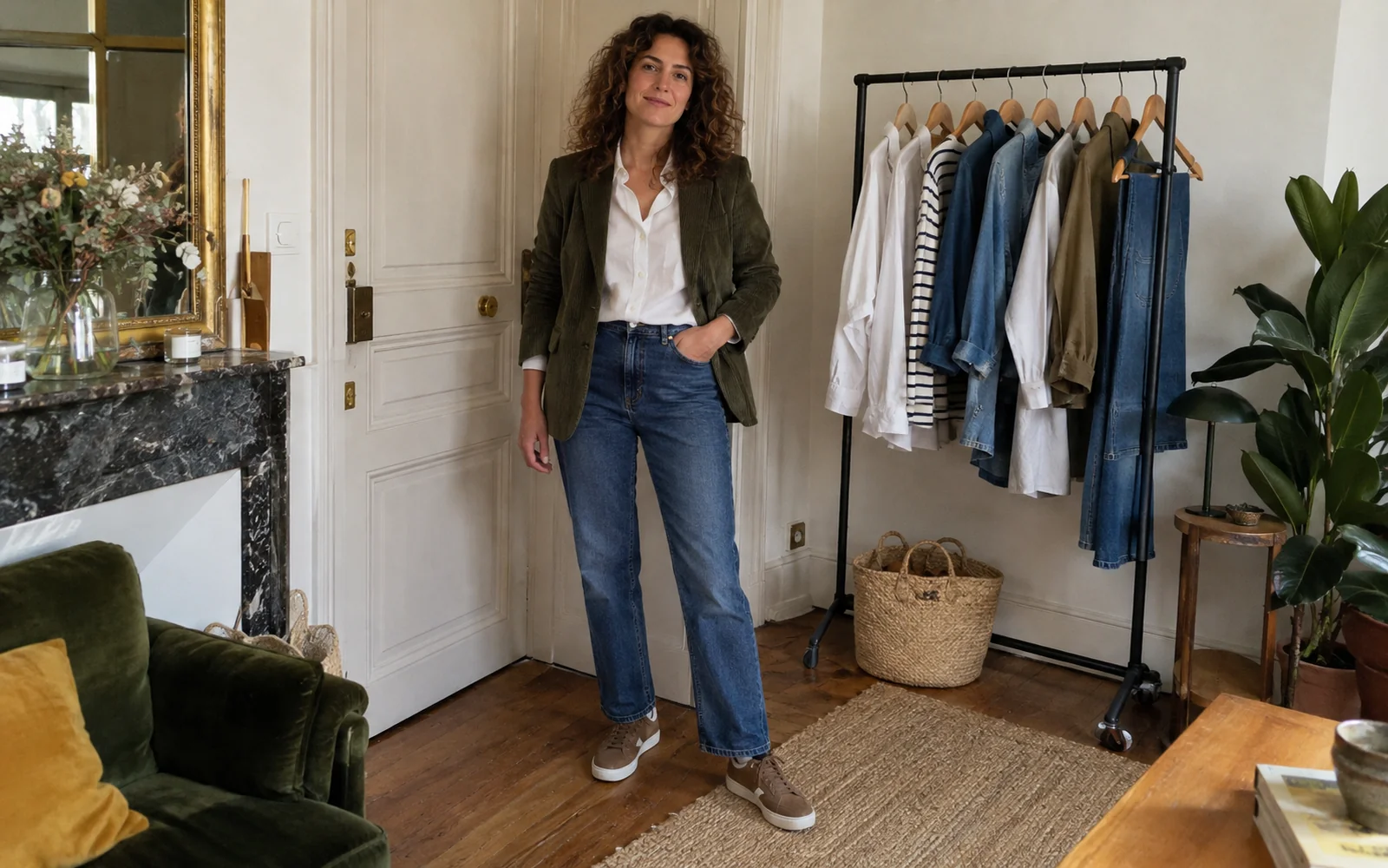Une femme porte une veste olive, un haut blanc, un jean bleu et des baskets dans un appartement.