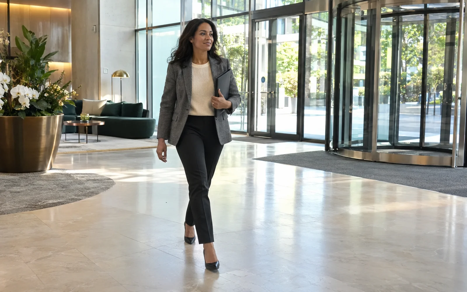 Femme en blazer gris chiné, pull écru, pantalon noir droit et escarpins dans le hall d’un immeuble de bureaux
