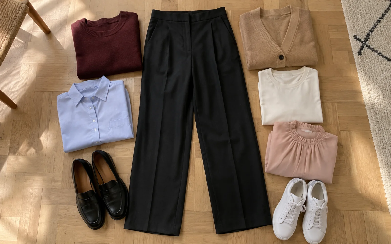 Pantalon noir à plat entouré d’un pull bordeaux, d’une chemise bleu ciel, d’un cardigan camel, d’un t-shirt écru et d’une blouse rose