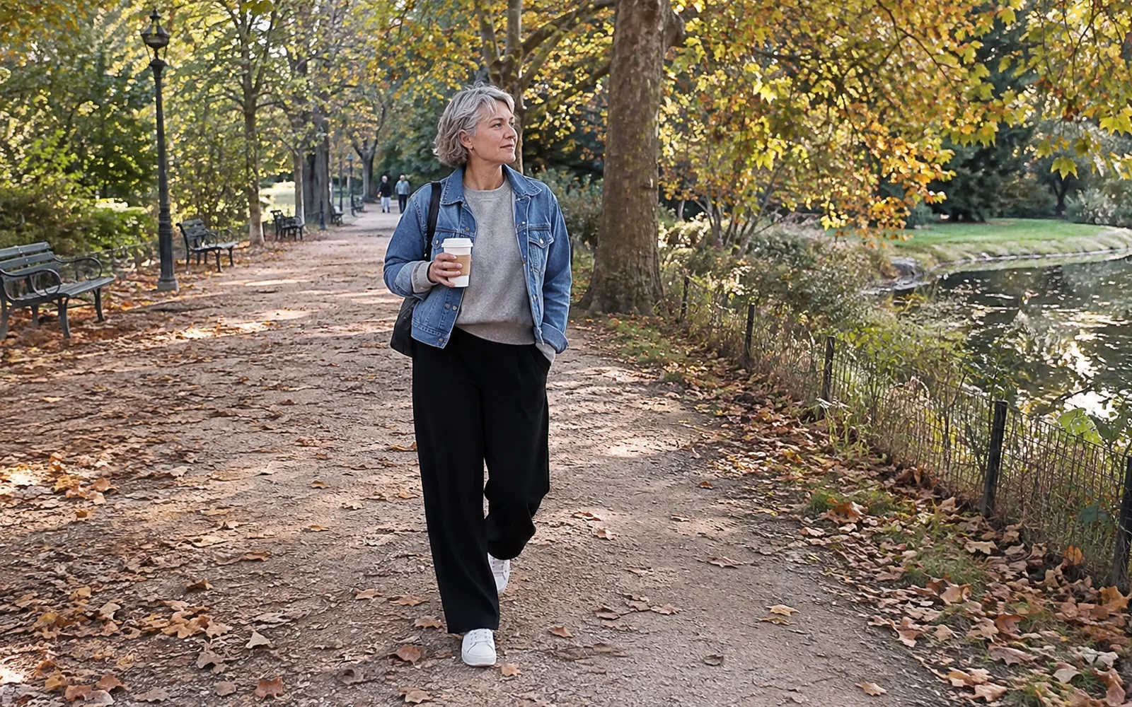 Femme aux cheveux gris courts en pantalon noir large, sweat gris, veste en jean et baskets blanches dans un parc