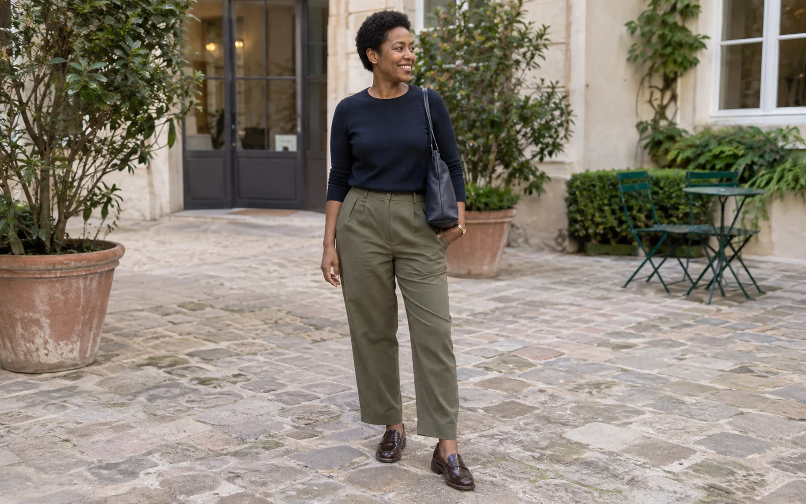 Femme en pantalon kaki à pinces et pull marine, avec des mocassins chocolat
