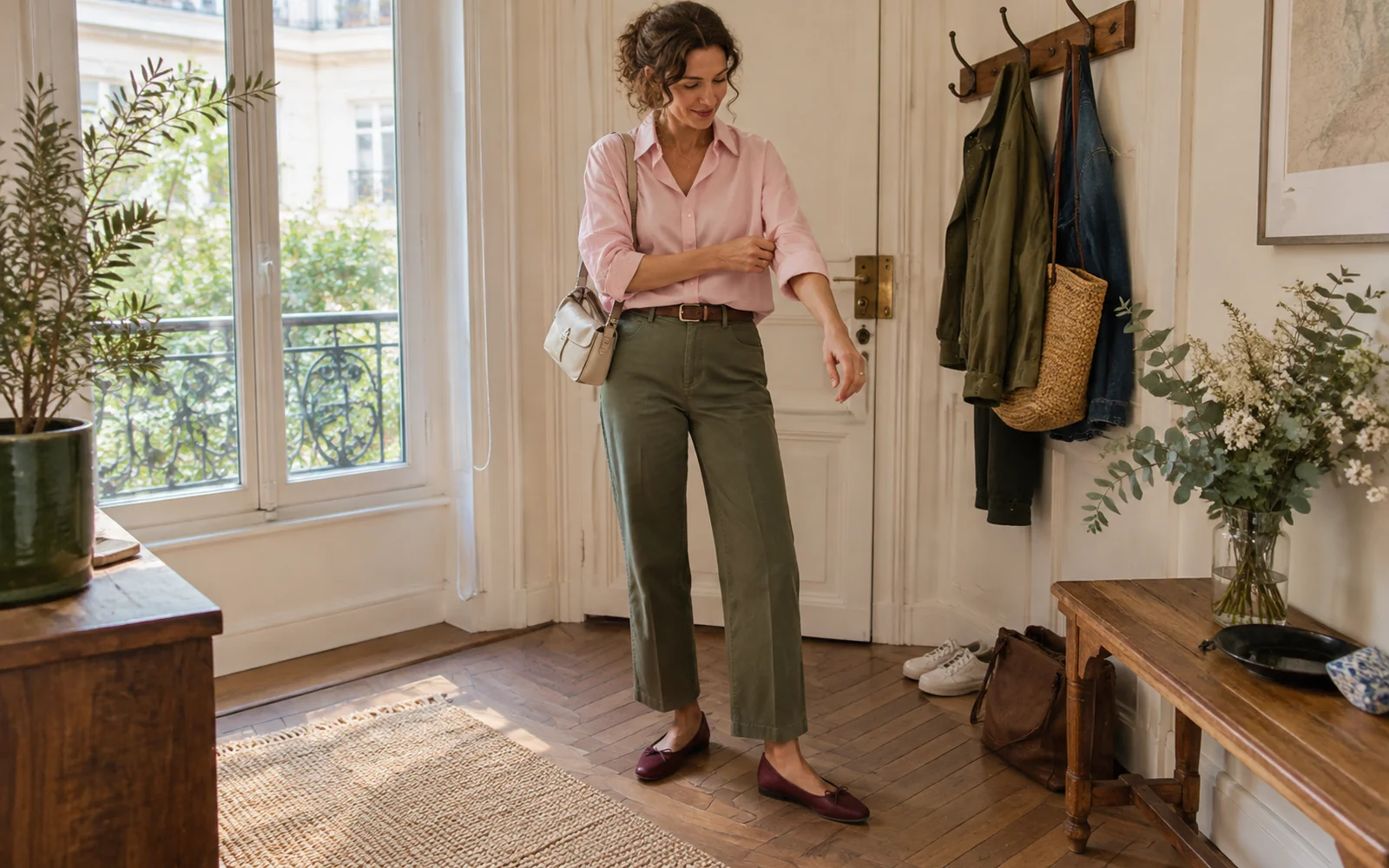 Femme en pantalon kaki, chemise rose pâle et ballerines bordeaux dans une entrée lumineuse