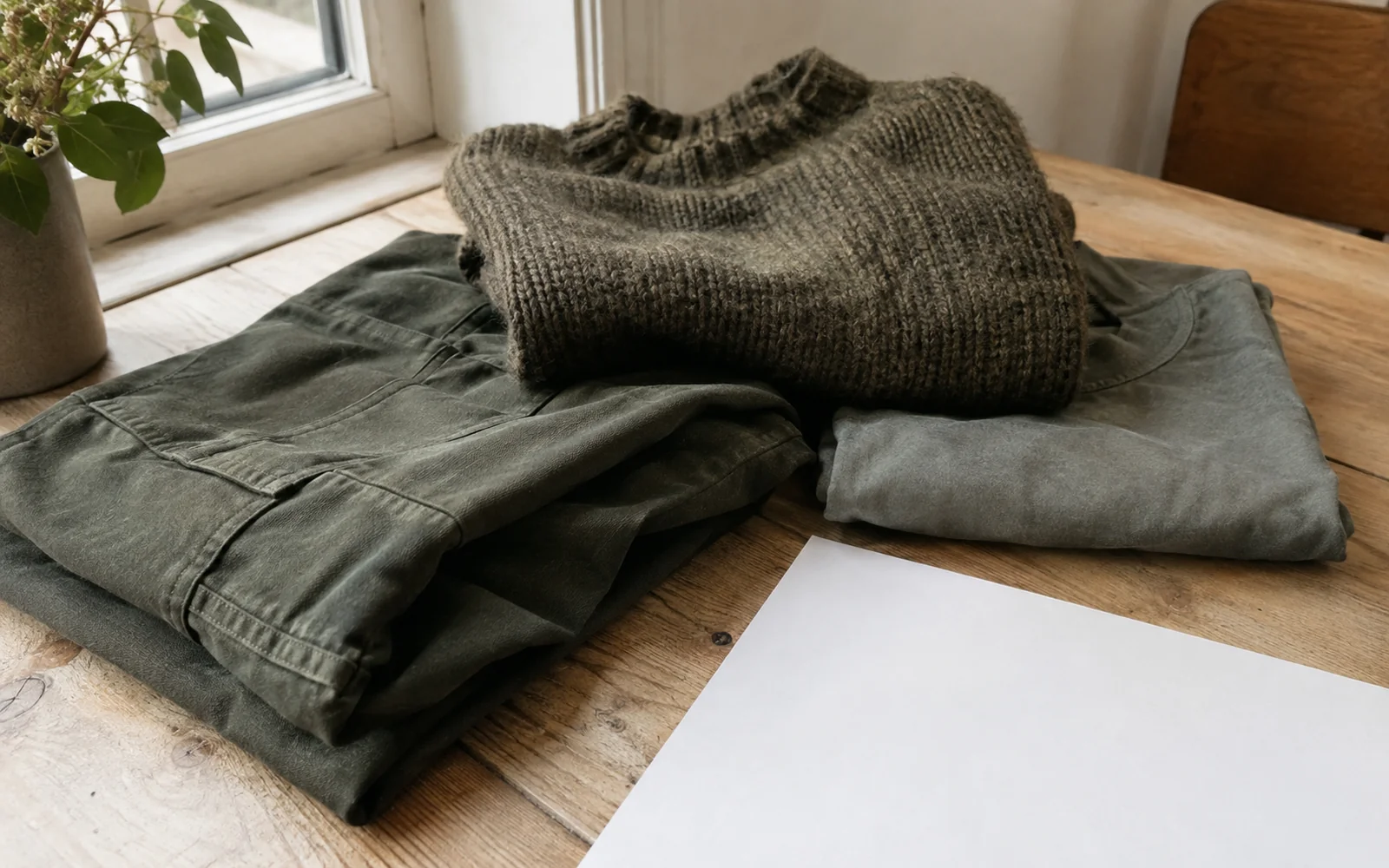 Trois tissus kaki olive, brun-vert et gris-vert posés près d’une feuille blanche