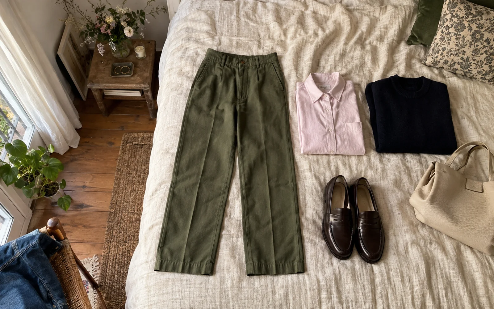 Pantalon kaki, chemise rose pâle, pull marine, mocassins chocolat et sac écru disposés sur un lit