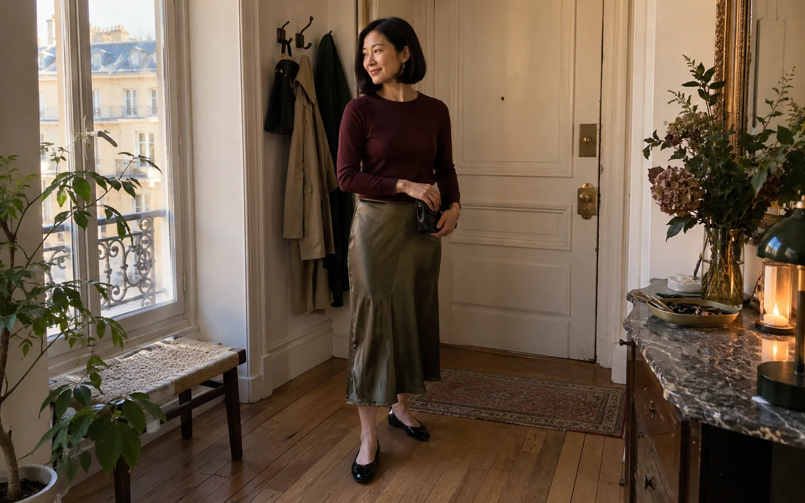 Femme en jupe satinée kaki et haut bordeaux, avec des chaussures noires