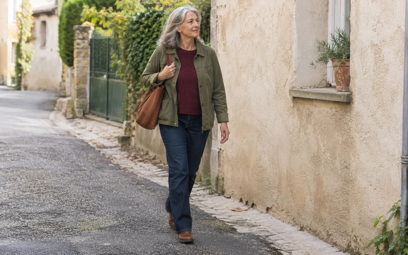 Femme en veste kaki, pull bordeaux et jean brut dans une rue calme